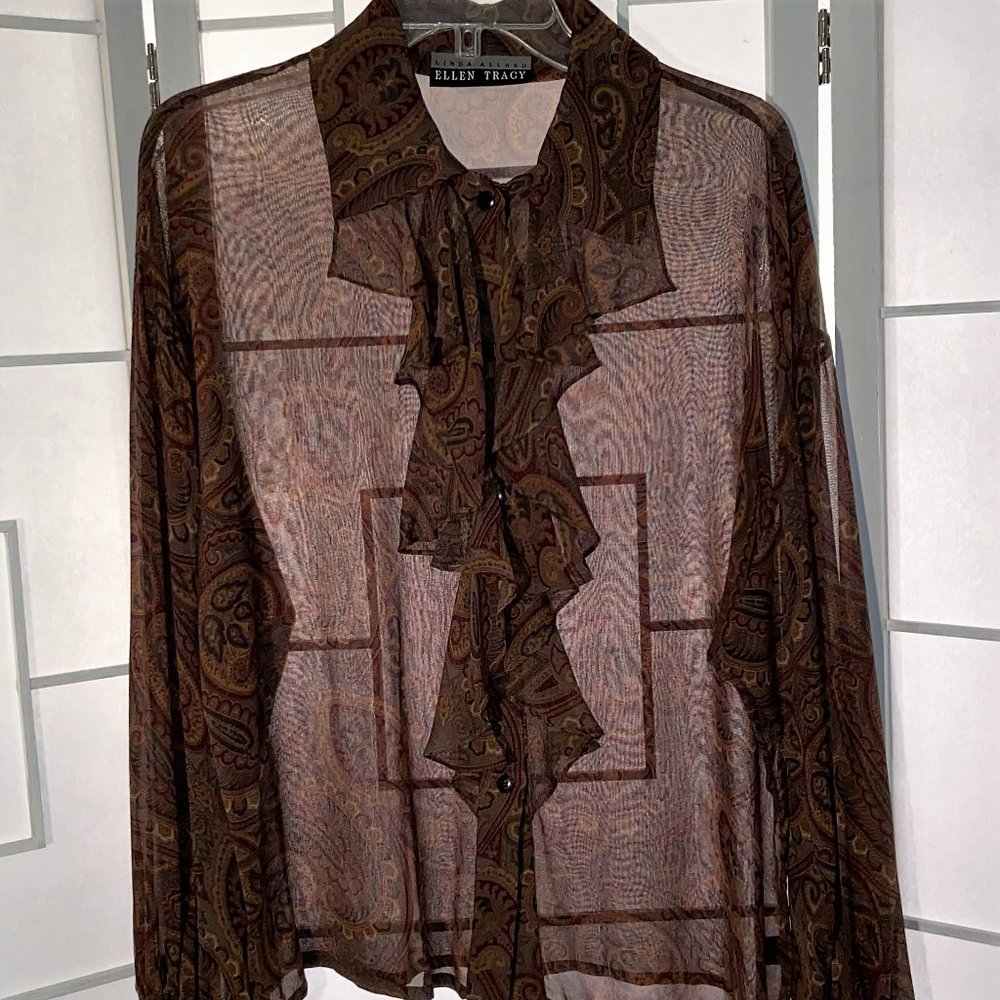 Ellen Tracy Sheer Silk Paisley Button Front Ruffle - Picture 10 of 10